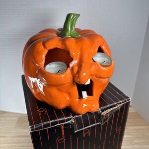 Vintage Dept. 56 Halloween Pumpkin Head Jack O Lantern Ceramic Candle Holder